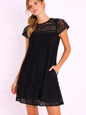 Maeve Black Crochet Lace Dress | Boho Chic Tiered Mini | Anthropologie